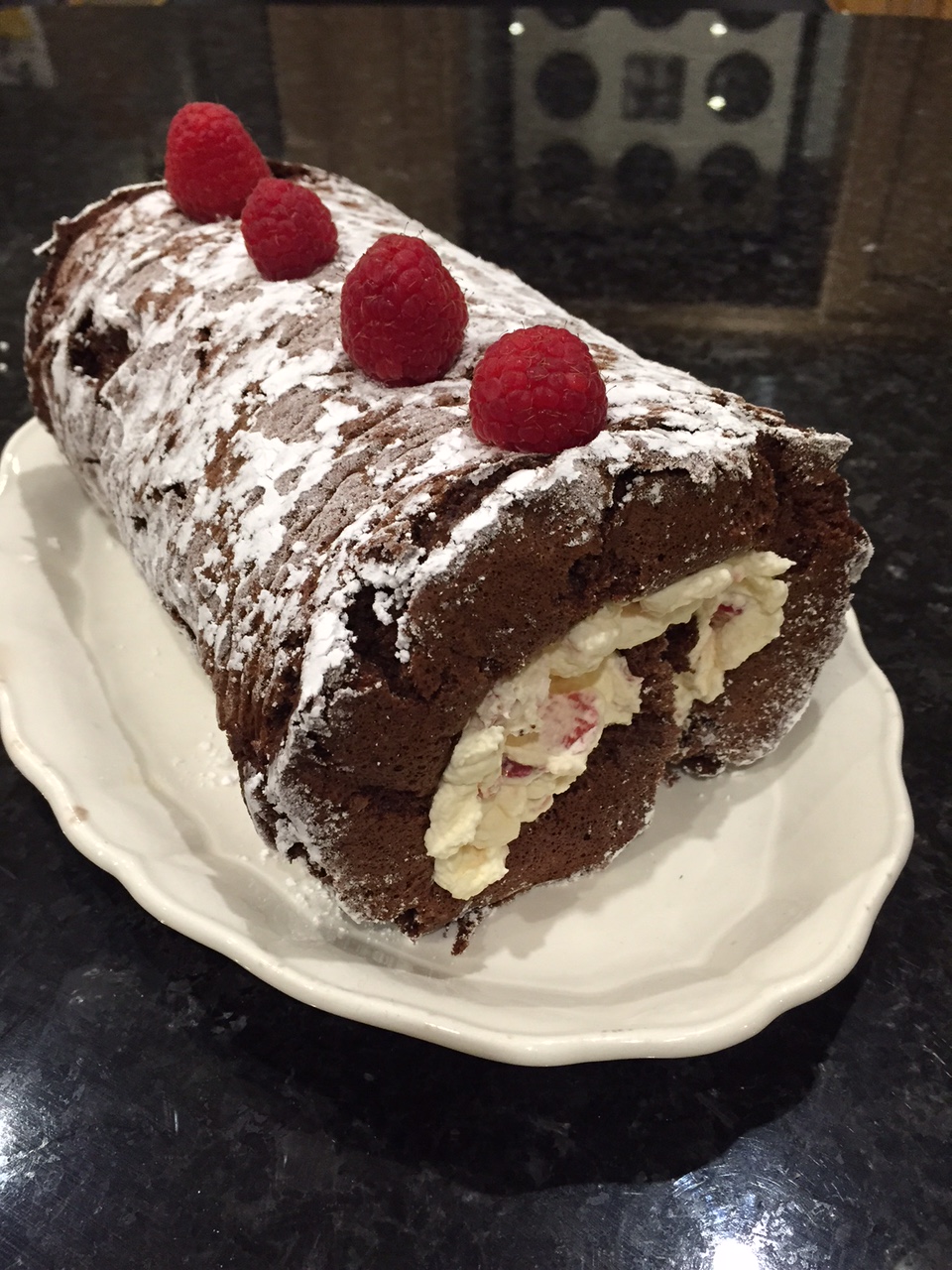 roulade, chocolate roulade, strawberry cream, chocolate cake, gluten free roulade, wheat free roulade