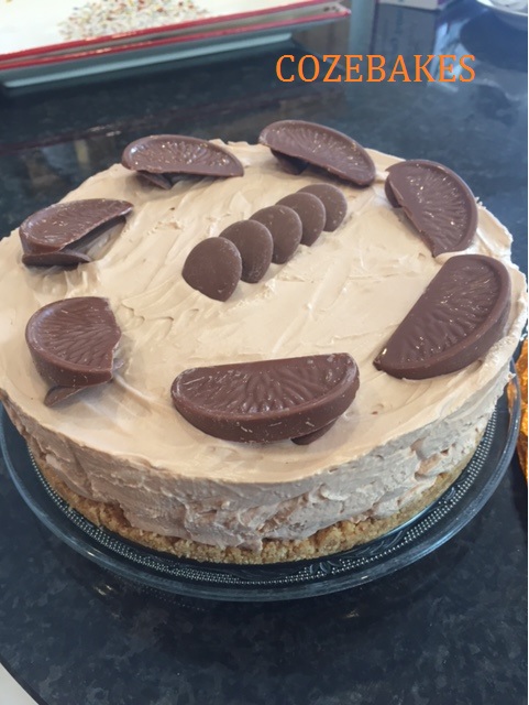 chocolate orange cheesecake, no bake cheesecake, desserts, dinner party desserts, Nestle chocolate orange recipe, cozebakes