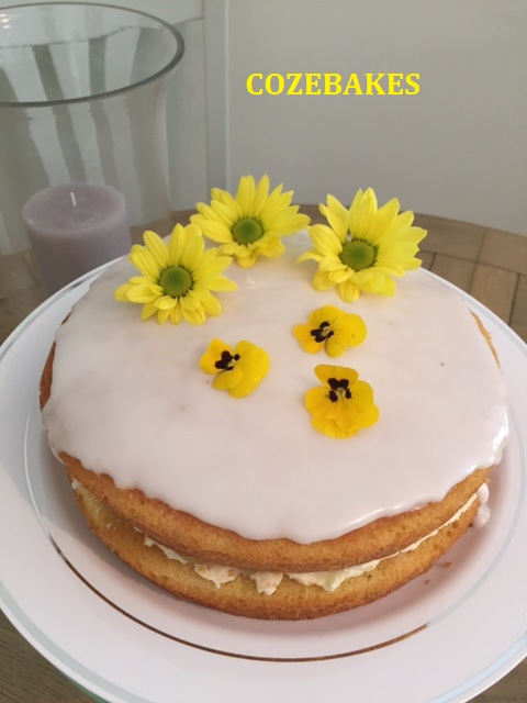 elderflower cordial recipe, lemon sponge recipe, stork recipe, cozebakes, afternoon tea recipe, summer sponge cake recipe, lemon cake, elderflower, edible flowers