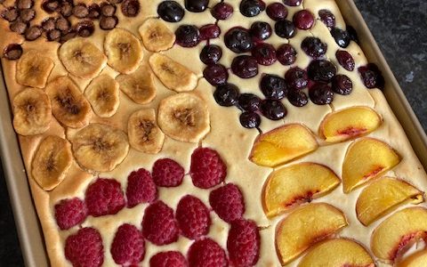 pancake traybake, brunch, gluten free brunch, dairy free brunch,